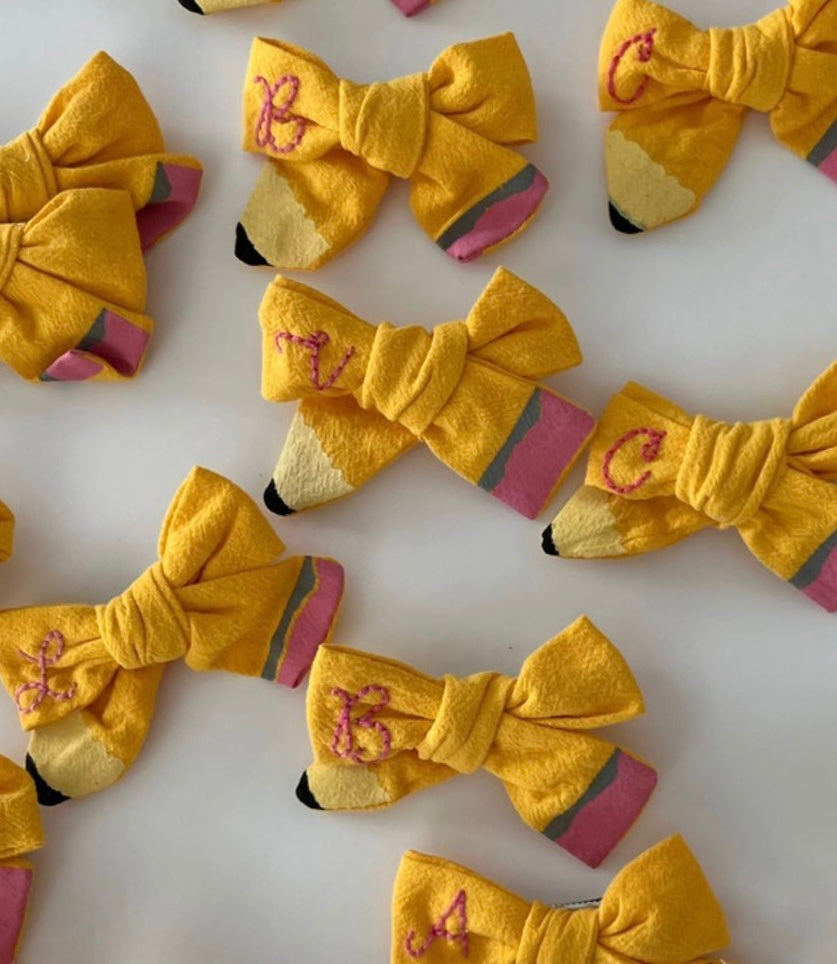 Hand Embroidered School Pencil Hair Bows