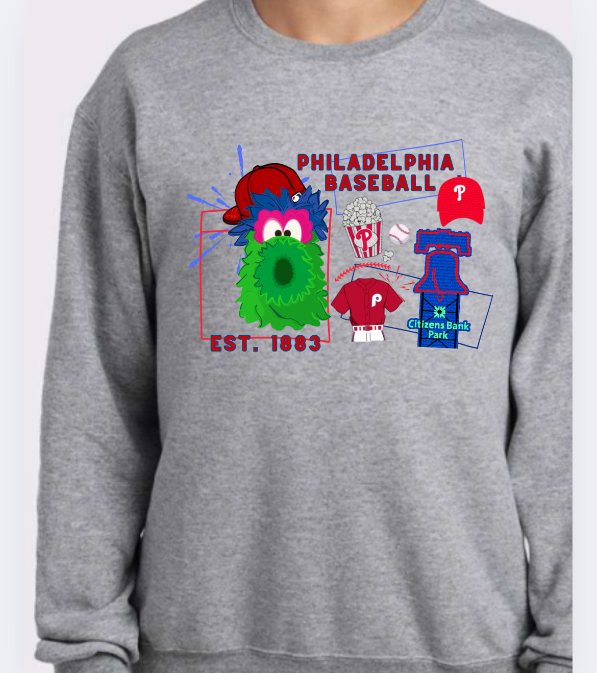 Baseball Doodle Sweatshirt in Grey and Blue for Toddlers, Youth and Adult