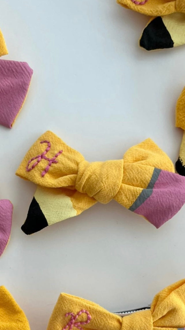 Hand Embroidered School Pencil Hair Bows