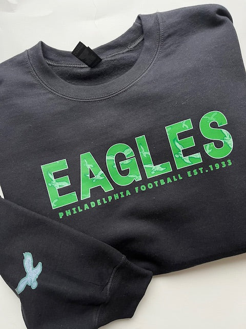 Eagles Green Outline Black Sweatshirt Toddler and Adult