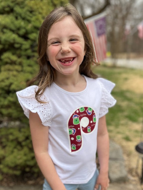 Girls Eyelet Maroon "P" Fancy T-Shirt