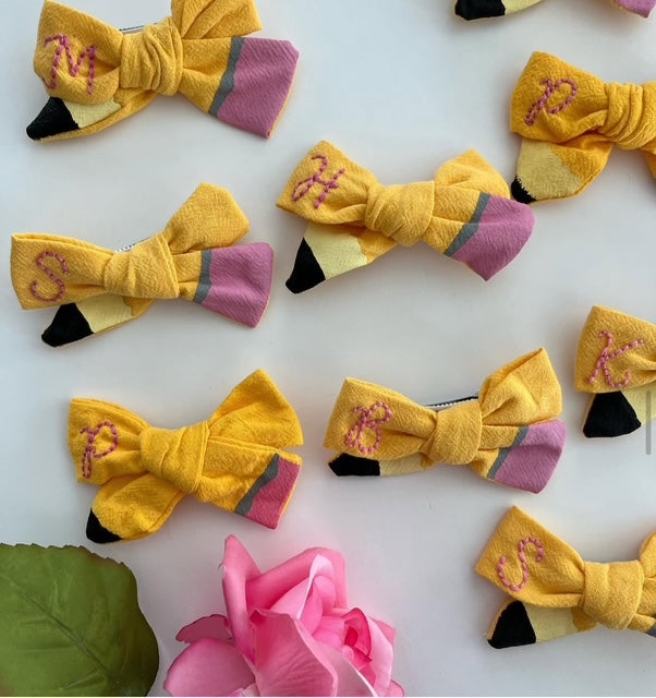 Hand Embroidered School Pencil Hair Bows
