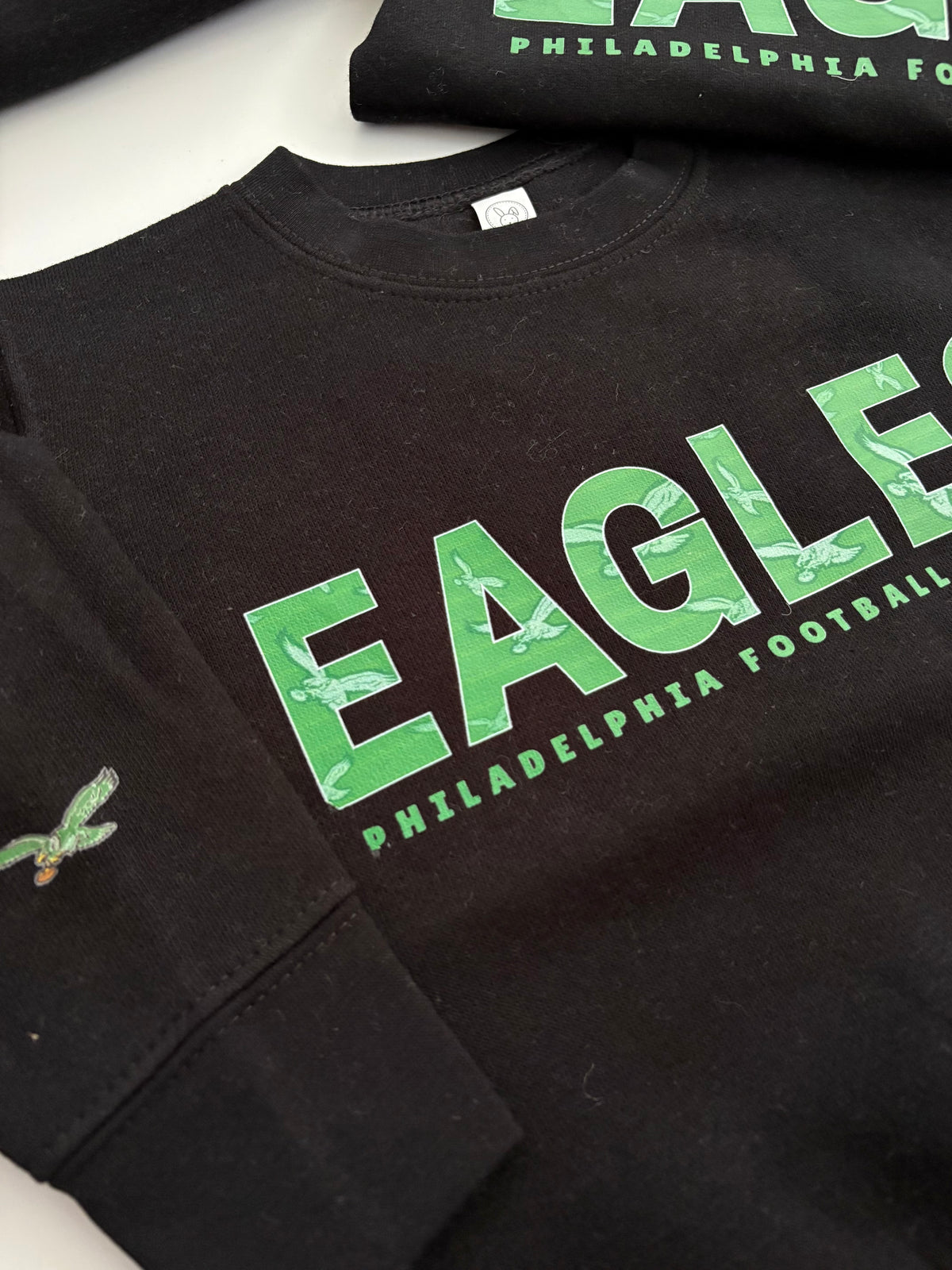 Eagles Green Outline Black Sweatshirt Toddler and Adult