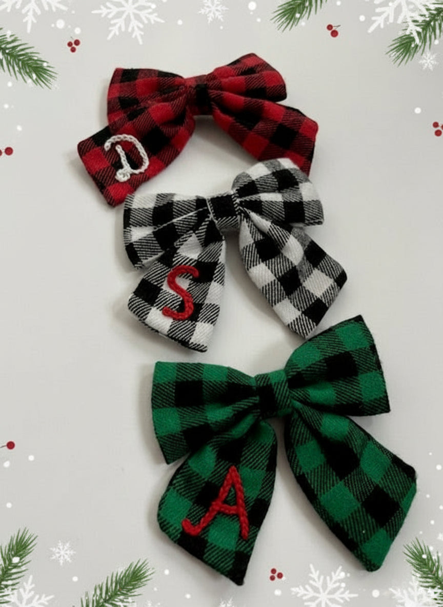 Hand Embroidered Christmas Plaid Bows