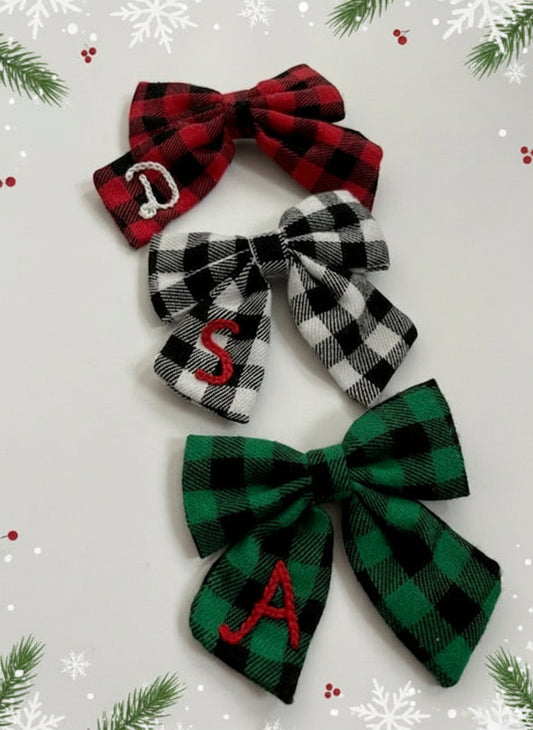 Hand Embroidered Christmas Plaid Bows