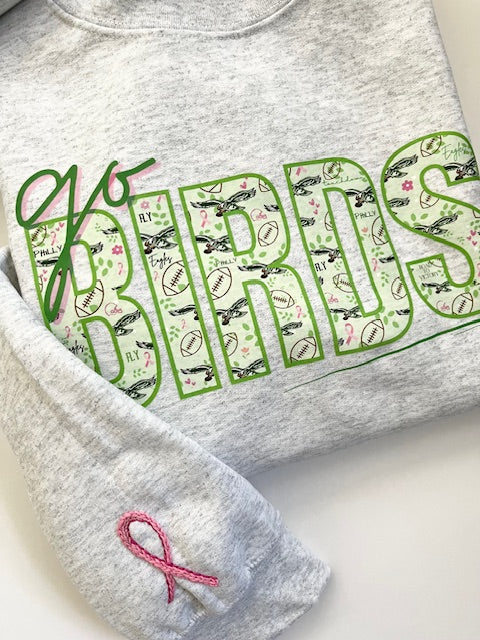 Eagles Breast Cancer 'Go Birds' Hand Embroidered Ribbon Sweatshirt